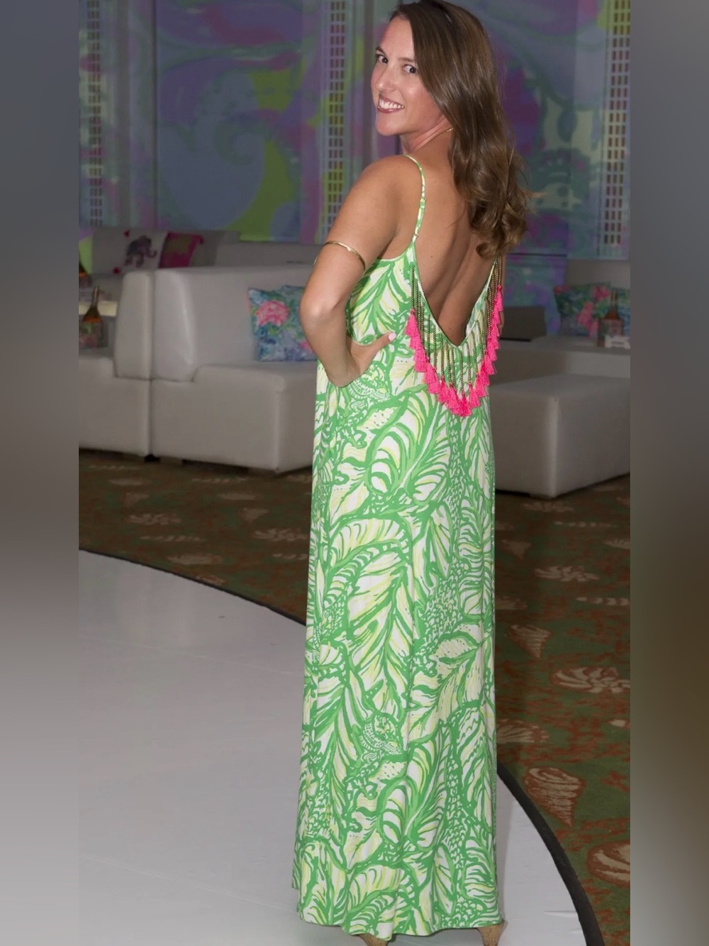 Lilly Pulitzer Allair Maxi Dress Toucan Green Open Back Tassel Resort S